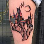 Trippy Hogwarts tattoo by Andrew Marsh. #LittleAndy #AndrewMarsh #trippy #technicolor #psychedelic #HarryPotter #hogwarts #castle #popculture #film