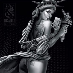 Estatua traviesa de la libertad por OG Abel #OGAbel #art #chicano #blackandgrey #pinup #statueofliberty