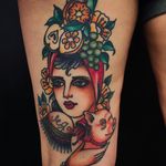 Fruity tattooed gypsy tattoo by Moira Ramone #moiraramone #neotraditional #traditional #25toLife #rotterdam #fruits #gypsy #girl #tattooed