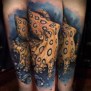 Blue ringed octopus tattoo by Benjamin Laukis. #realism #colorrealism #BenjaminLaukis #octopus #blueringedoctopus