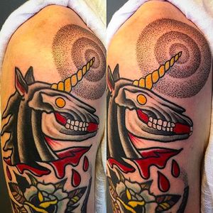 Super rad unicorn tattoo by Destroytroy #unicorn #skull #traditional #blood #dotwork #Destroytroy