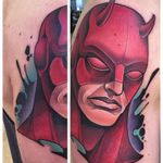 Killer smooth color on this Daredevil tattoo by David Tevenal on Instagram #comics #Daredevil #marvel #graphic #newschool #DavidTevenal