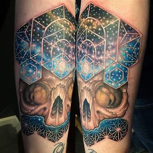 Geometric space and animal skull tattoo by Nick Friederich via Instagram #NickFriederich #space #skull #stars #solarsystem