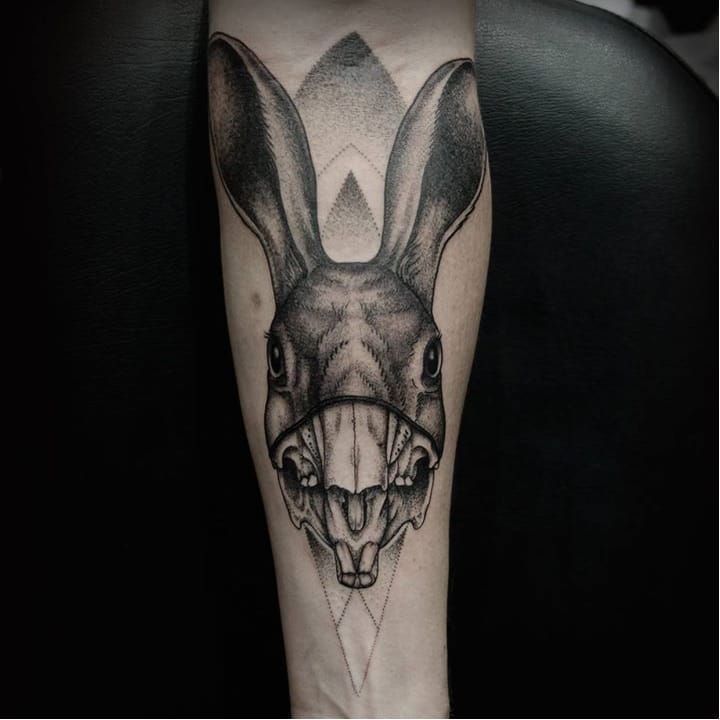 Tattoo uploaded by JenTheRipper • Rad rabbit tattoo by Oked #Oked  #blackwork #surrealistic #portrait #rabbit #skull • Tattoodo