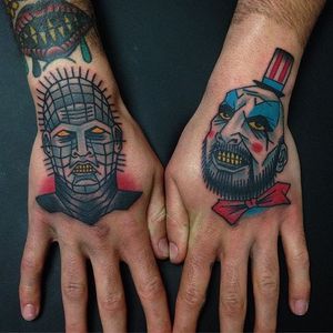 Pinhead and Captain Spaulding Tattoo by Dan Gagné #pinhead #captainspaulding #horror #horrorfilm #traditional #traditionalartist #traditionalhorror #DanGagne