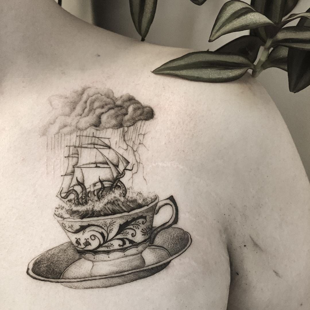 Skeleton holding a tea cup by curlstattoo Instagram out of Black Sheep  Ink in Ravenna Ohio Old picture from when it was fresh  rtattoos