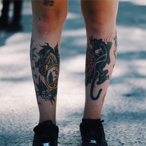 Traditional leg tattoos #TattooStreetStyle #StreetStyle #madridstreetstyle #traditional #horse #panther #tudorrose #traditionalhorse #traditionalpanther