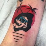 Death In Paradise Tattoo by Frankie Caraccioli #deathinparadise #deathinparadisetattoo #skulltattoo #skull #tropical #sun #suntattoo #FrankieCaraccioli