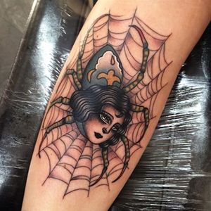 Spider by Danielle Rose (via IG-daniellerosetattoo) #babehead #woman #portrait #traditional #color #spooky #spider #spiderweb #DanielleRose
