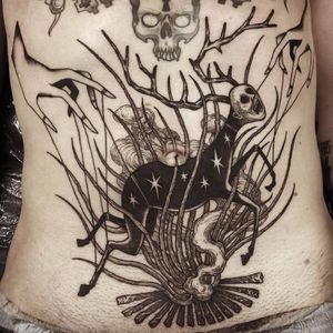 Pretty freak tattoo by Ildo Oh #IldoOh #blackwork #stag #horror