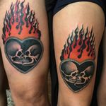Matching tattoos by Karolinabebop #KarolinaBebop #blackandgreytattoo #matchingtattoos #heart #skull #fire #death #skeletons #valentine #sacredheart #love #bones #color #tattoooftheday