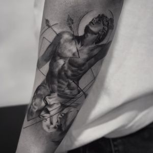 St. Sebastian tattoo by Cold Gray #ColdGray #blackandgrey #realism #realistic #hyperrealism #painting #fineart #StSebastian #arrows #man #body #portrait #death #pain #blood #linework