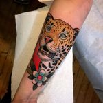 Leopard by Dave Wah #DaveWah #color #newschool #newtraditional #neotraditional #leopard #daisy #flower #leaves #nature #junglecat #cat #linework #tattoooftheday