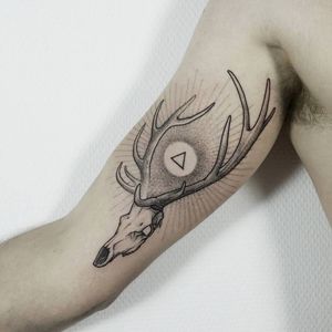 Stag skull tattoo by Norako #Norako #dotwork #nature #stagskull #animalskull