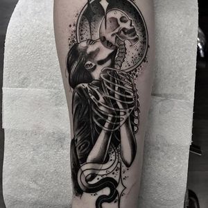 Blackwork tattoo by Neil Dransfield. #NeilDransfield #blackwork #neotraditional #astralprojection #skeleton #skull #woman
