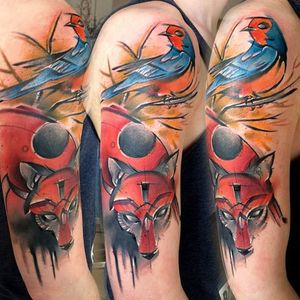 Beautiful fox and bird tattoo. Tattoo by Bam Bam #BamBam #freestyle #painting #brushstroke #watercolor #fox #bird