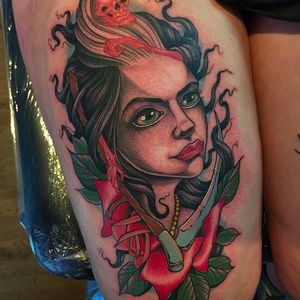 Neo Traditional gypsy girl with a rose and reaper. Super cool tattoo by Dave Swambo. #DaveSwambo #neotraditional #gypsy #girl #rose #reaper