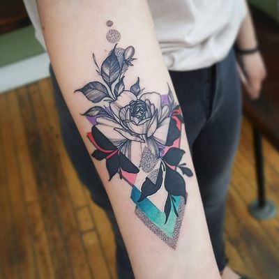 Rose tattoo by Cameron Pohl #CameronPohl #rosetattoos #blackandgrey #illustrative #rose #flower #floral #leaves #plant #dotwork #linework #abstract #color #shapes #silhouette
