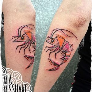 Graphic shrimp tattoo by Mia Misshake. #graphic #illustrative #geometric #prawn #shrimp #MiaMisshake