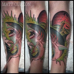 Harpooned Shark Tattoo by Matt Curzon #harpoonedshark #shark #neotraditional #MattCurzon