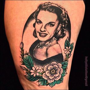 Judy Garland Traditional Portrait Tattoo by Holly Ellis @Hollsballs1 #HollyEllis #IdleHandsSF #idlehandstattoo #Traditional #Black #Portrait #Portraittattoo #Ladytattoo