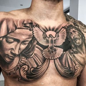 The Virgin Mary, a dove, and Jesus Christ by Lil B (IG—lilb_tattoos). #blackandgrey #Christ #Christian #dove #LilB #realism #religious #TheVirginMary
