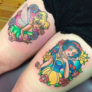 Sweet Tinkerbell and Snow white Tattoo by Sarah K @SarahKTattoo #SarahKTattoo #SouthAustralia #Neotraditional #Colorful #Pop #bright_and_bold #Neotraditionaltattoo #Tinkerbell #Snowwhite #DisneyTattoo
