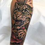 Classic dagger and ocelot, by Roger Mares. (via IG—mares_tattooist) #neotraditional #animals #creatures #quirky #rogermares