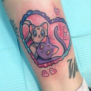 Luna and Artemis tattoo by Carly Kroll. #CarlyKroll #girly #pinkwork #cute #neotraditional #popculture #kawaii #anime #sailormoon #cat #heart