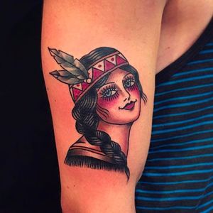 Native girl tattoo by Anem. Solid and beautiful! #Anem #traditionaltattoo #girl #girltattoo #nativeamerican #traditional #traditionalgirl