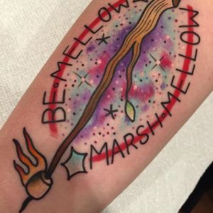 Mellow out with a toasted marshmallow tattoo from William Lloyd. #traditional #marshmallow #toastedmarshmallow #lettering #galaxy #WilliamLloyd