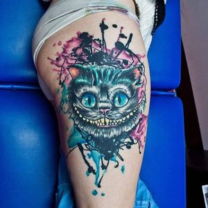 Cheshire Cat watercolor tattoo by Jay Van Gerven. #watercolor #JayVanGerven #inksplatter #blackwork #blackandcolor #CheshireCat