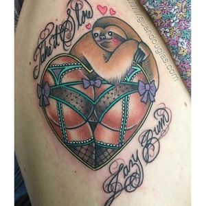 A sloth chilling on a booty by @Guen_Douglas (IG—guendouglas). #GuenDouglas #traditional #booty #sexy #heart #sloth  #2016tattooroundup