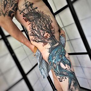 Beautiful long body piece Tattoo by Bernd Muss #BerndMuss #watercolor #freestyle #illustration #fish #tree #boat