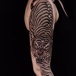 Ferocious tiger by RG #rg #rg74 #blackandgrey #blackwork #Japanese #tiger #cat #tattoooftheday