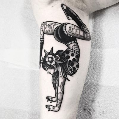 Lady tattoo by Dani Queipo #DaniQueipo #ladytattoo #blackandgrey #lady #traditional #flower #pinup #polkadots #acrobat #dancer #snake #ship #anchor #heart #spiderweb #leaves #tattoooftheday