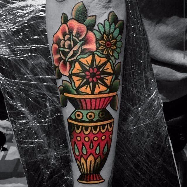 Tattoo uploaded by Tattoodo  Tattoo by Florian Santus FlorianSantus  traditional traditionaltattoo color oldschool AmericanTraditional rose  flower floral vase pottedplant leaves nature  Tattoodo