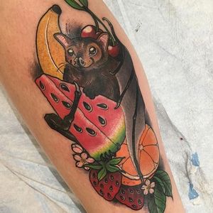 This megabat wants all the fruits! Tattoo by Torie Wartooth. #neotraditional #fruit #bat #fruitbat #TorieWartooth