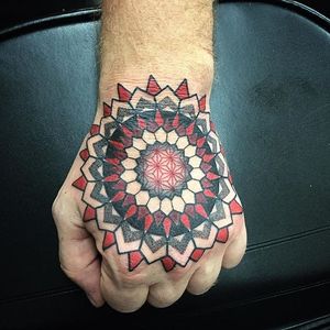 Geometric Tattoo by Jason Call #Geometric #Geometry #mandala #mandalatattoo #redandblack #BlackGeometry #Dotwork #JasonCall