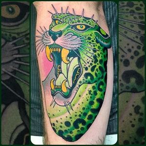 Lime Jaguar Tattoo by Curt Baer #jaguar #jaguartattoo #bigcat #bigcattattoo #bigcattattoos #traditional #neotraditional #CurtBaer