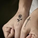Tiny rose and dagger by Tim Hendricks and Alysha Nett for Tattoo You (via IG-alyshanett) #temporarytattoo #alyshanett #timhendricks #traditional #tattooyou