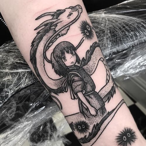 Haku and Chihiro tattoo by Raine Knight #RaineKnight #studioghiblitattoo #blackandgrey #newtraditional #anime #manga #movietattoo #SpiritedAway #Haku #Chihiro #dragon #Japanese #sootsprites #yokai #coverup