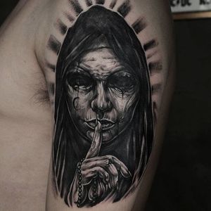 Horrifying nun tattoo by Darkmaru Tattooer. #nun #scary #horrifying #creepy #macabre #portrait #horror #blackandgrey #sinister #evil