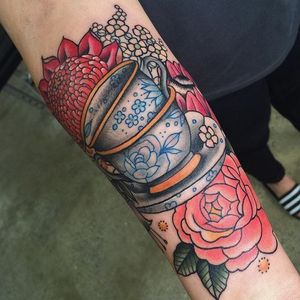 Tea cup and flowers tattoo by Emily Jane. #traditional #flowers #floral #teacup #EmilyJane