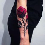 Red thorny roses tattoo by @maradentattoo #maradentattoo #black #red #blackandredtattoo #oddtattoos #roses