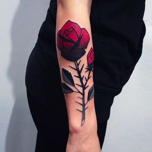 Red thorny roses tattoo by @maradentattoo #maradentattoo #black #red #blackandredtattoo #oddtattoos #roses