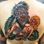 Crazy looking gorilla tattoo holding a pinup girl. Rad tattoo by Alex Wild! #AlexWild #traditionaltattoo #boldtattoos #gorilla #woman #pinup