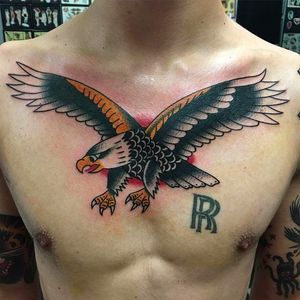 Awesome classic eagle chest tattoo done by Janitor Jake. #JanitorJake #HatCityTattoo #traditional #boldtattoos #eagle