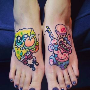 Spongebob and Patrick feet tattoos by @pikkapimingchen #cartoonstyle #cartoon #neotraditional #bright_and_bold #spongebobsquarepants #patrick #spongebob