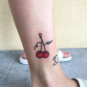 Cherry tattoo by Knarly Gav. #cherry #fruit #sweet #traditional #minimalist #KnarlyGav